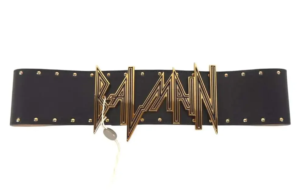 Balmain Statement Logo Lion Head Stud Leather Belt US XS FR 34 Womens Black Gold